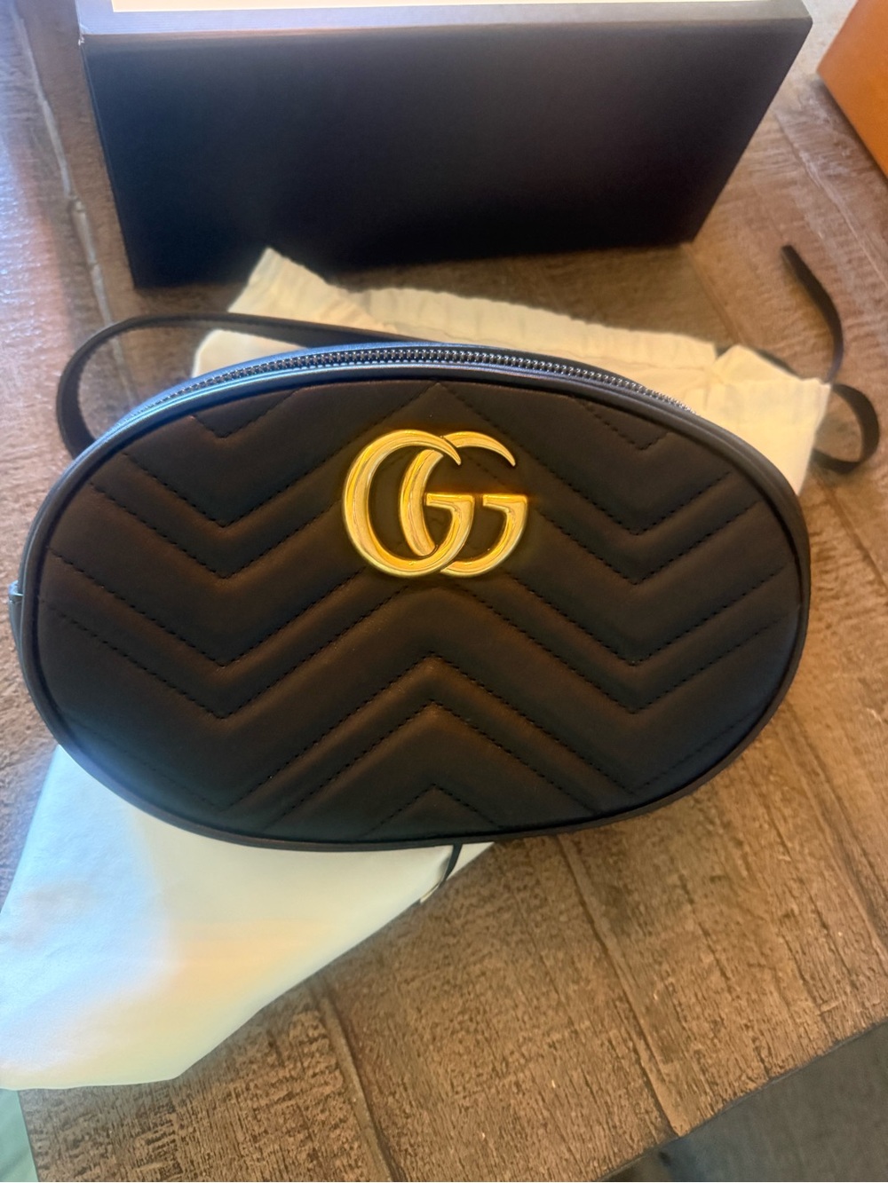 Gucci Marmont Small Black Leather Belt Bag with Gold GG